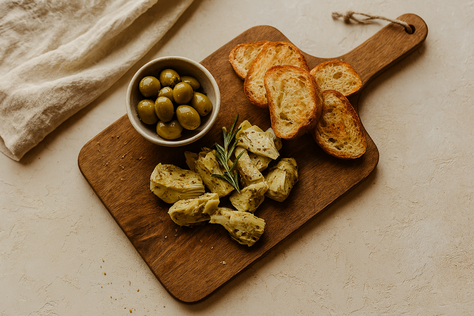 Wooden cutting board with olives, bread, and tapenade on a neutral background