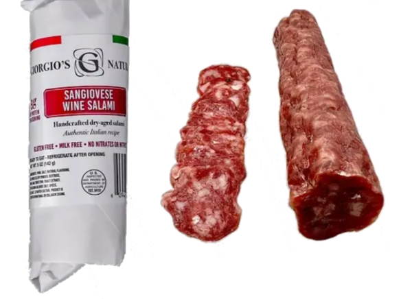Two pieces of salami next to a package labeled 'Sangiovese Wine Salami' on a white background.