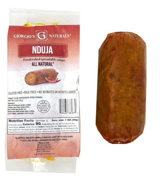 Giorgio's Naturals Nduja package and a block of Nduja on a white background