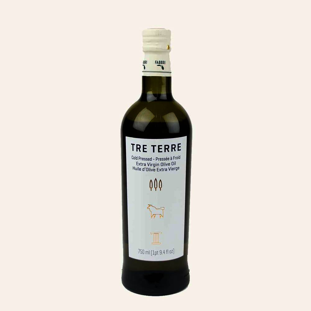 Bottle of Tre Terre olive oil on a white background
