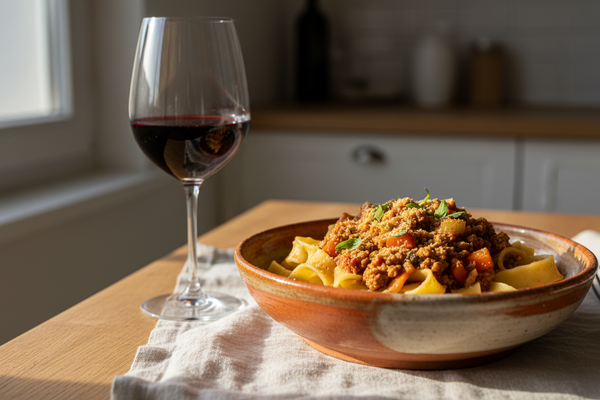 pappardelle noodles in vegan bologese sauce in an elegant ceramic dish with a glass of red wine