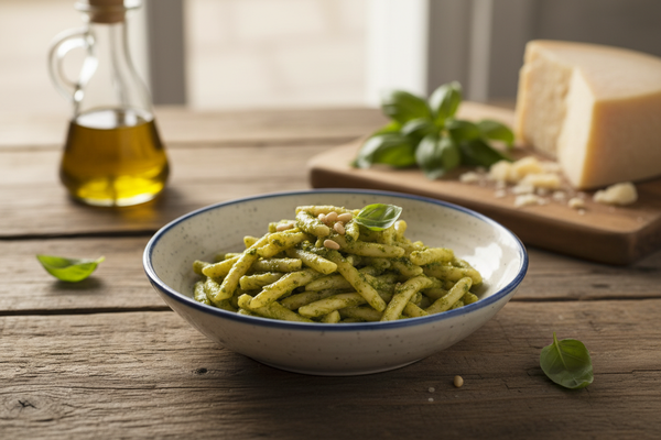 trofie with basil pesto plated elegantly in a ceramic pasta dish with olive oil and basil and parmiggiano reggiano in the background